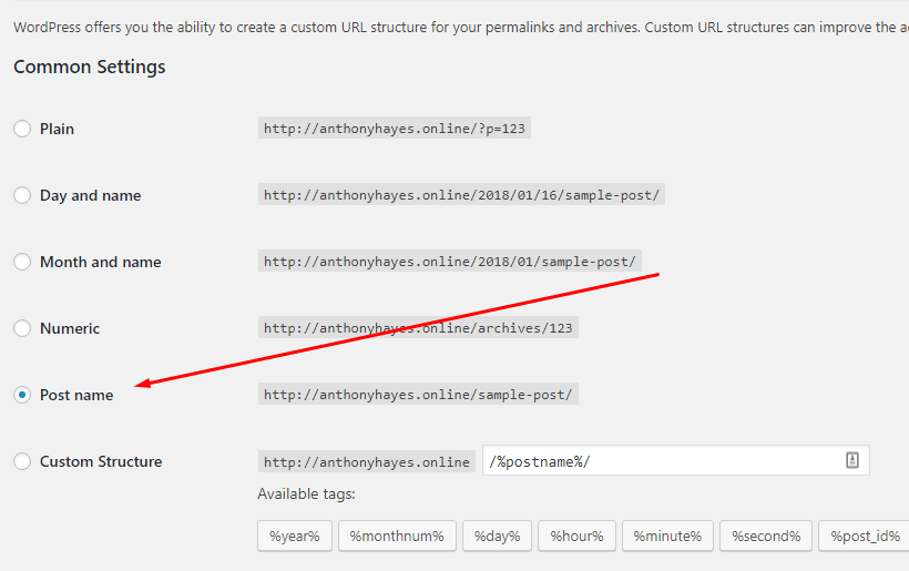 Permalinks Post Name Option In WordPress Settings Permalinks Post Name Option In WordPress Settings