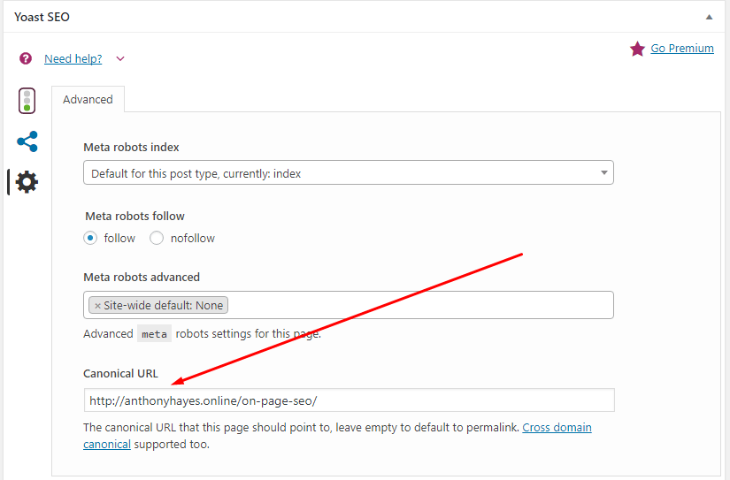 Yoast SEO canonical URL option with arrow Yoast SEO canonical URL option with arrow